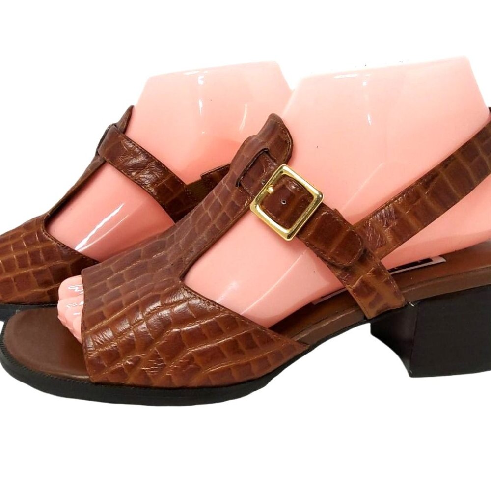 kelly scott womens brown leather animal print adjustible buckle 2" heel sandals